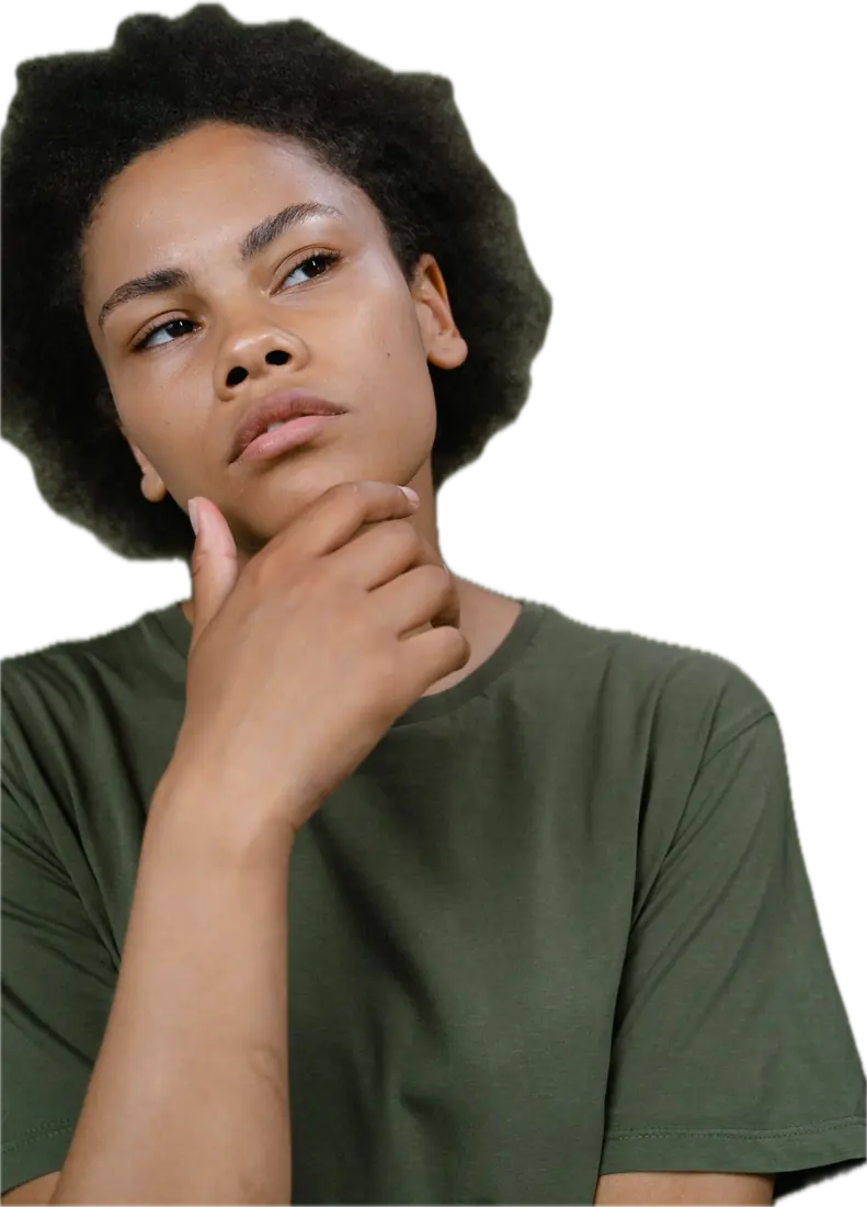 A woman thinking, hand on her chin, looking up