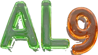 ALGR logo, glass letters AL9